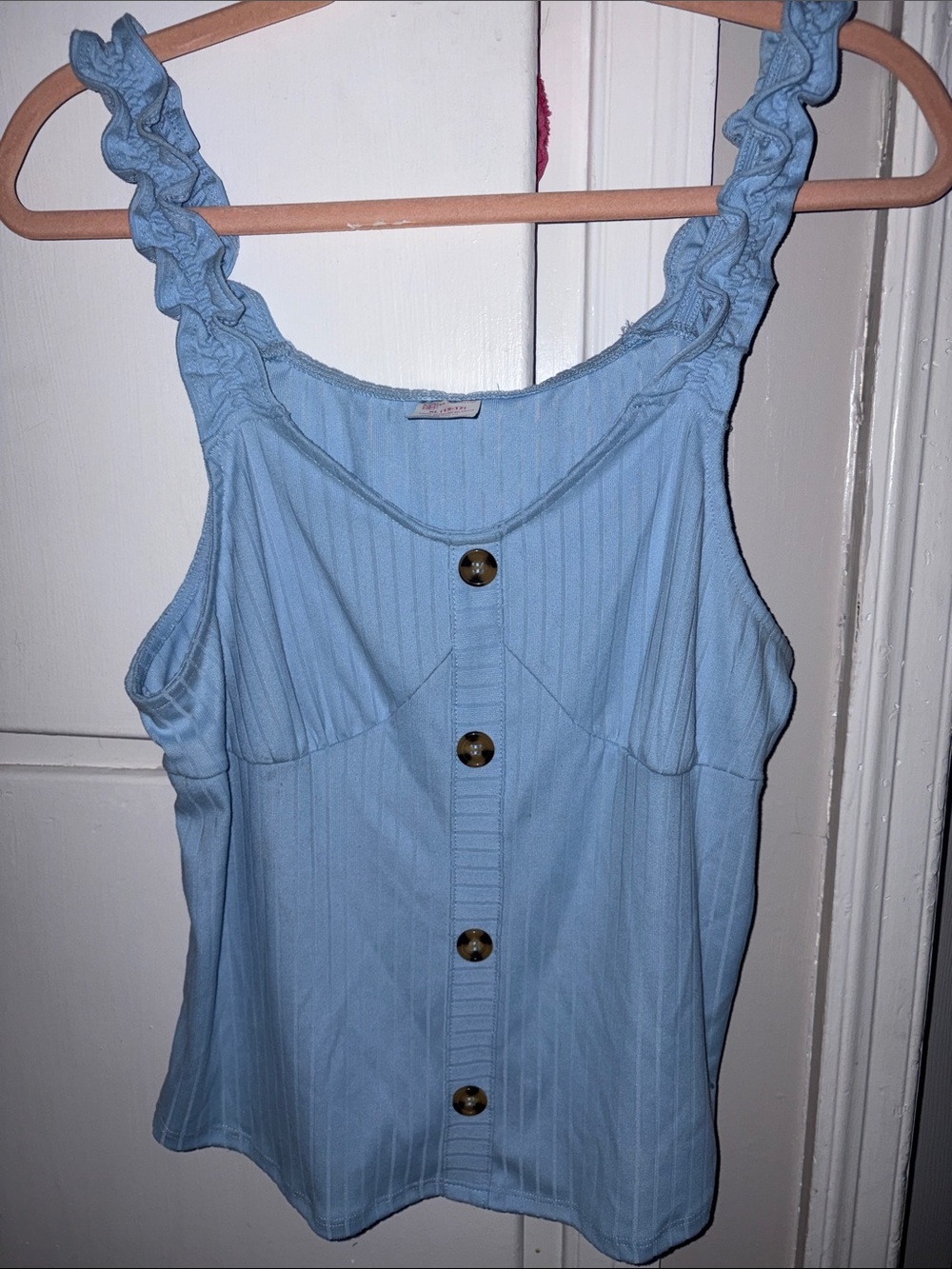 No Boundaries Light Blue Ruffle-Shoulder Button-Front Camisole